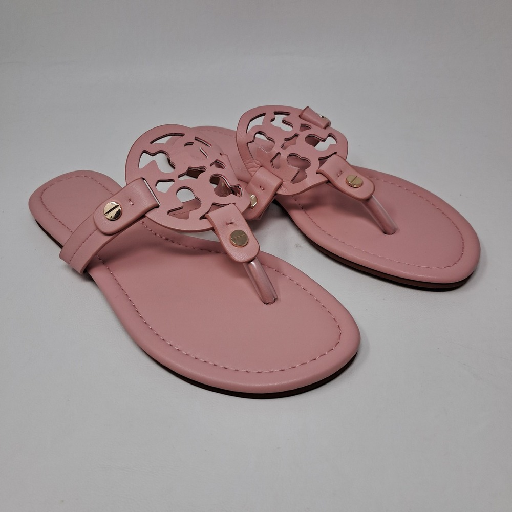 Tory Burch Miller Thong Sandals Pink Leather Cutout Logo Flat Shoes EU 40 US 9.5